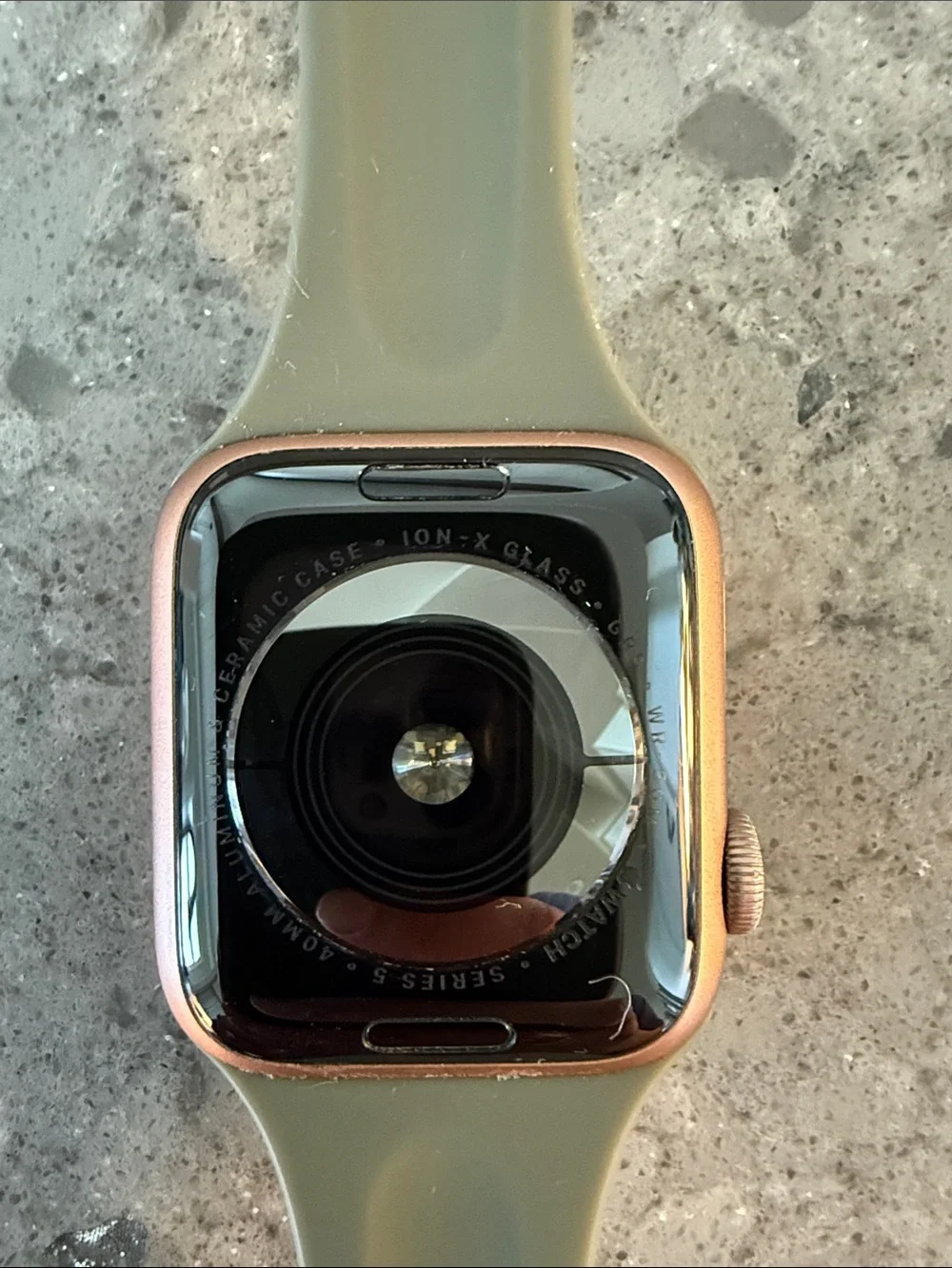 Series 5 Apple Watch with Olive Green Sport Band and Rose Gold Case - Apple